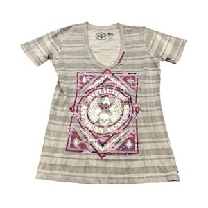 Affliction V-Neck T-Shirt Womens Medium Grey Striped Graphic Skull Wings Tee
